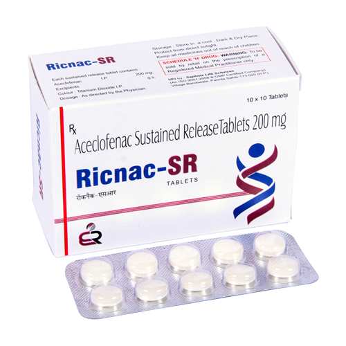Product Name: Ricnac SR, Compositions of Ricnac SR are Aceclofenac Sustained Release Tablets 200mg  - Erika Remedies