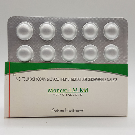Product Name: Moncet LM Kid, Compositions of Moncet LM Kid are Montelukast Sodium and Levocetirizine hydrochloride dispersible tablets - Acinom Healthcare