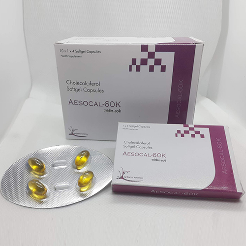 Product Name: Aesocal 60K, Compositions of Aesocal 60K are Cholecalciferol softgel capsules - Medicamento Healthcare
