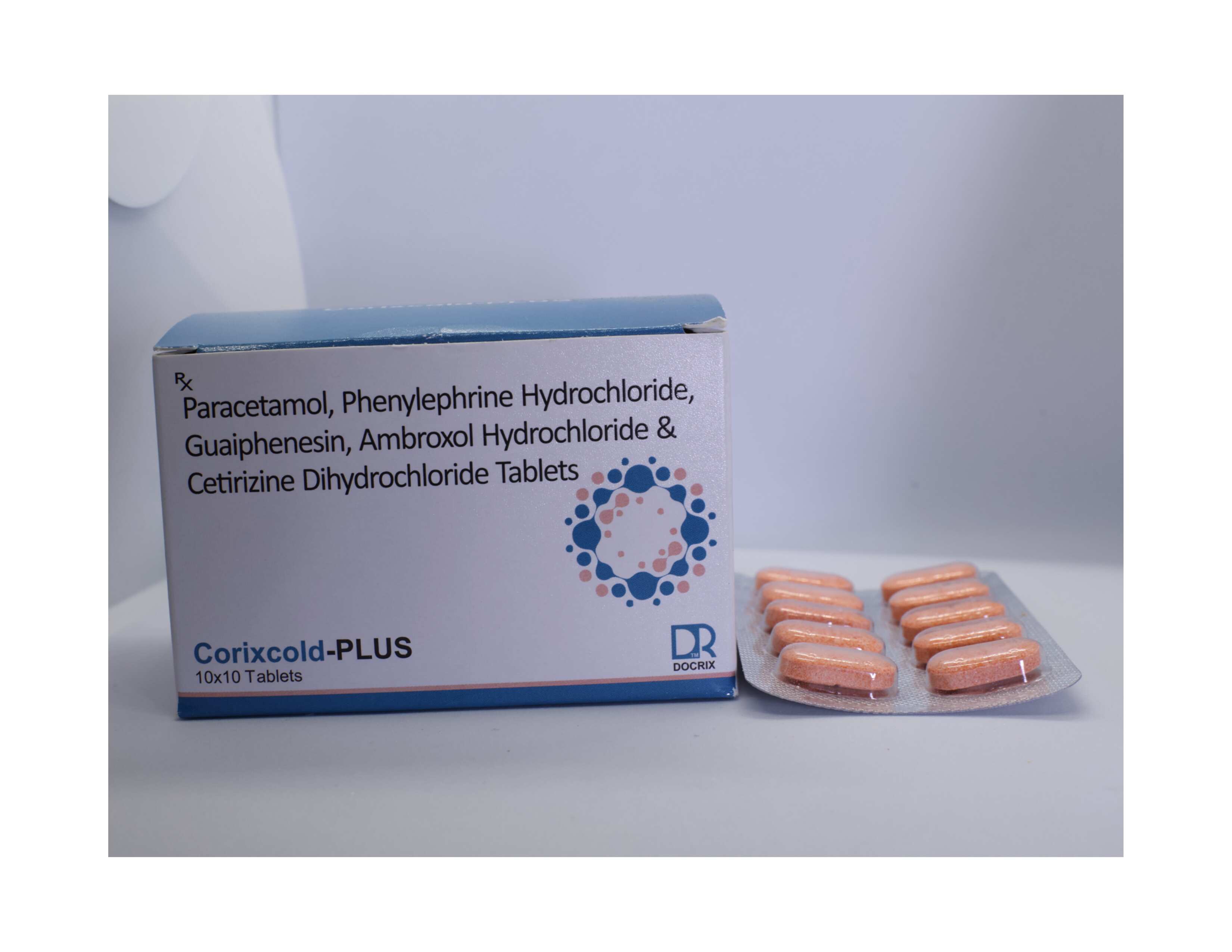 Product Name: Corixcold PLUS, Compositions of Corixcold PLUS are Paracetamol Phenylephrine Hydrochloride ,Guaiphenesin, Ambroxol Hydrochloride & Cetirizine Dihydrochloriden Tablets - Docrix Healthcare