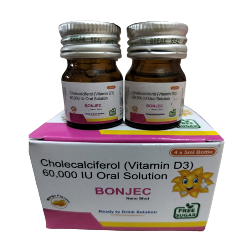 Product Name: Bonjec NanoShot, Compositions of Bonjec NanoShot are Cholecalciferol (Vitamin D3) 60,000 IU Oral Solution - Jecks Pharma