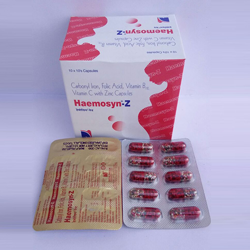 Product Name: Haemosyn Z, Compositions of Haemosyn Z are Carbonyl Iron,Folic Acid,Vitamin B12,Vitamin C with Zinc Capsules - Nova Indus Pharmaceuticals