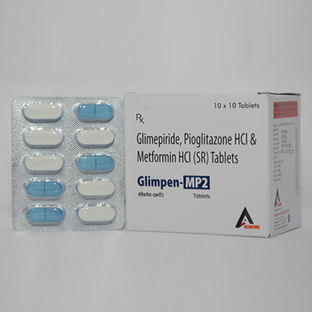 Product Name: GLIMPEN MP2, Compositions of GLIMPEN MP2 are Glimepiride,Pioglitazone & Metformin Hydrochloride (SR) Tablets - Alencure Biotech Pvt Ltd