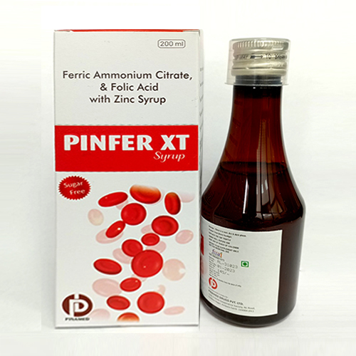 Product Name: Pinfer XT Syrup, Compositions of Pinfer XT Syrup are ferric Ammonium Citrate & Folic Acid With Zinc Syrup - Pinamed Drugs Private Limited