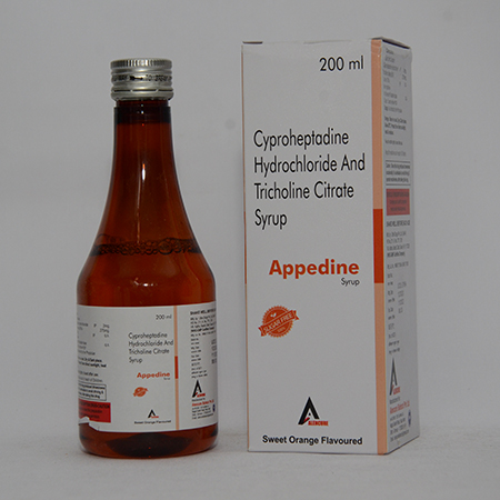 Product Name: APPEDINE, Compositions of APPEDINE are Cyproheptadine Hydrochloride And Tricholine Citrate Syrup - Alencure Biotech Pvt Ltd