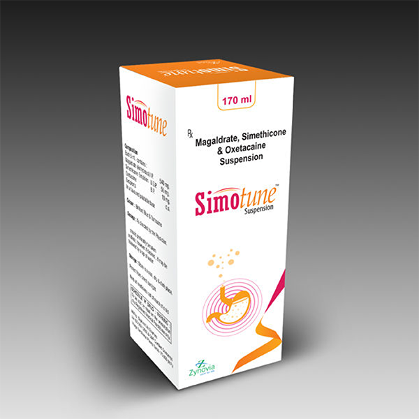 Product Name: Simotune, Compositions of Simotune are Magaldrate Simethicone & Oxetacaine Suspension - Zynovia Lifecare