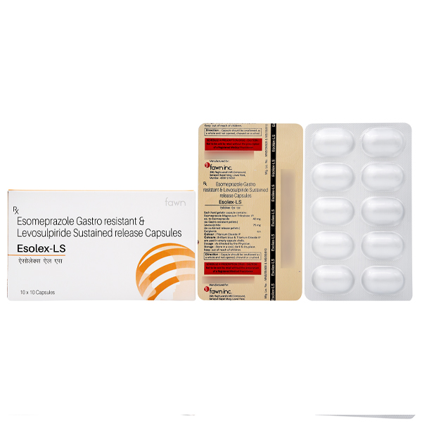 Product Name: ESOLEX LS, Compositions of ESOLEX LS are Esomeprazole 40 mg + Levosulpiride 75 mg - Fawn Incorporation
