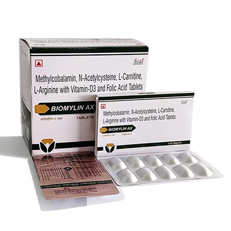 Product Name: BIOMYLIN AX, Compositions of BIOMYLIN AX are Methylcobalamin, N-Acetylcysteine, L-Carnitine, L-Arginine with Vitamin D3 and Folic Acid Tablets - Biocruz Pharmaceuticals Private Limited