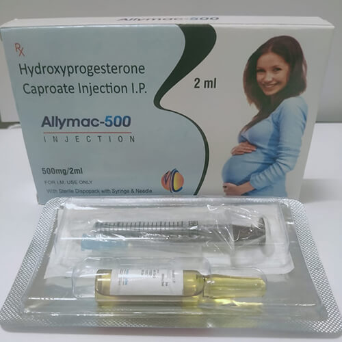 Product Name: Allymac 500, Compositions of Allymac 500 are Hydroxyprogesterone Caprote Injection I.P. - Macro Labs Pvt Ltd