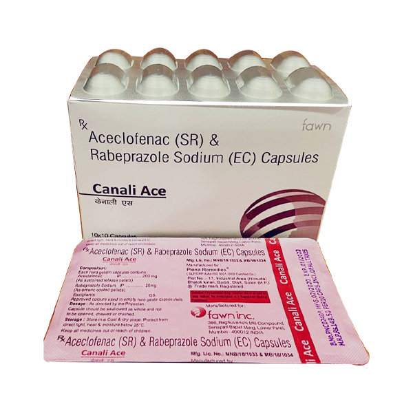 Product Name: CANALI ACE, Compositions of Rabeprazole Sodium (EC) 20 mg + Aceclofenac (SR) 200 mg.  are Rabeprazole Sodium (EC) 20 mg + Aceclofenac (SR) 200 mg.  - Fawn Incorporation