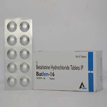 Product Name: BATLEN 16, Compositions of BATLEN 16 are Betahistine Dihydrochloride Tablets IP - Alencure Biotech Pvt Ltd