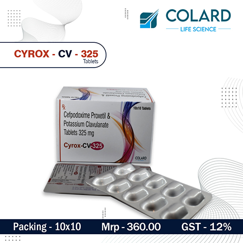 Product Name: CYROX   CV   325, Compositions of CYROX   CV   325 are Cefpodoxime Proxetil & Potassium Clavulanate Tablets 325 mg - Colard Life Science