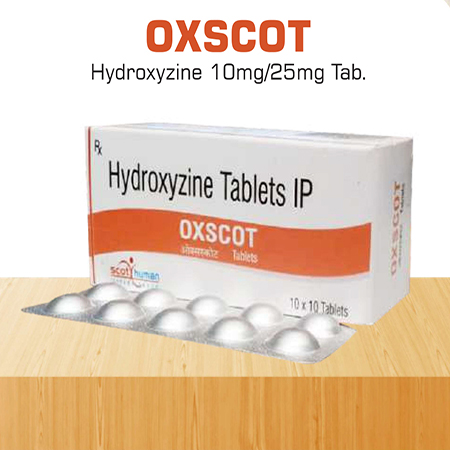 Product Name: Oxscot, Compositions of Oxscot are Hydroxyzone 10 mg /25 mg tab - Scothuman Lifesciences