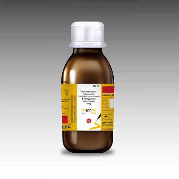 Product Name: Tosgrip DX, Compositions of Tosgrip DX are Dextromethorphan, Hydrobromide, Chlorpheniramine & Phenylphrine Hydrochloride Syrup - Zynovia Lifecare