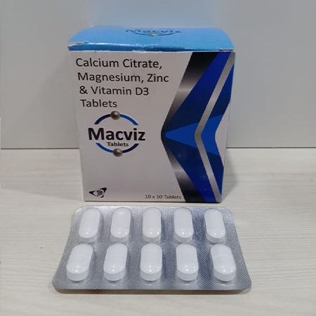 Product Name: Macviz, Compositions of Macviz are Calcium Citrate, Magnesium, Zinc & Vitamin D3 Tablets - Soinsvie Pharmacia Pvt. Ltd
