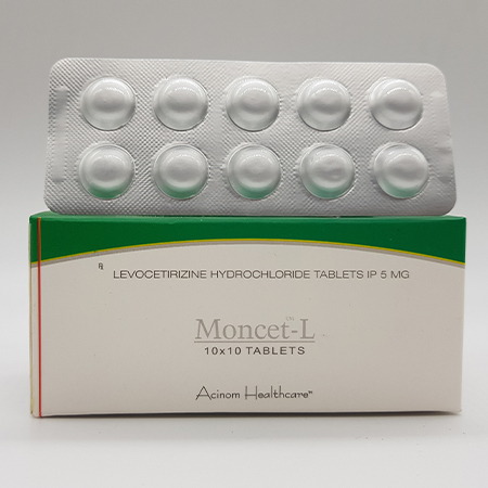 Product Name: Moncet L, Compositions of Moncet L are Levocetirizine hydrochloride tablets IP 5 mg - Acinom Healthcare