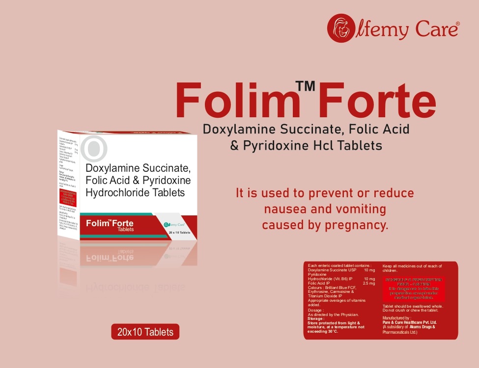 Product Name: Folim Forte, Compositions of Folim Forte are Doxylamine Succinate ,Folic Acid and Pyridoxine Hcl Tablets - Olfemy Care