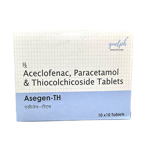 Product Name: AsegenTH, Compositions of AsegenTH are Aceclofenac, Paracetamol & Thiocolchicoside Tablets - Guelph Healthcare Pvt Ltd