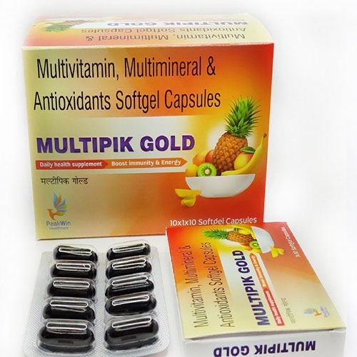 Product Name: Multipik Gold, Compositions of Multipik Gold are Multivitamins,Multiminerals & Antioxidant Softgel Capsules - Peakwin Healthcare