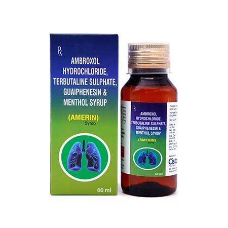 Product Name: AMERIN, Compositions of AMERIN are Ambroxol Hydrochloride Terbutaline Sulphate, Guaiphensin & Menthol Syrup - Cista Medicorp