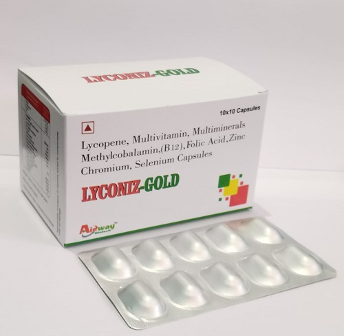 Product Name: Lyconiz Gold, Compositions of are Lycopene,Multivitamin,Multimineral,Methylcobalamin,(B12),Folic Acid,Zinc Chromium,Selenium Capsules - Aidway Biotech