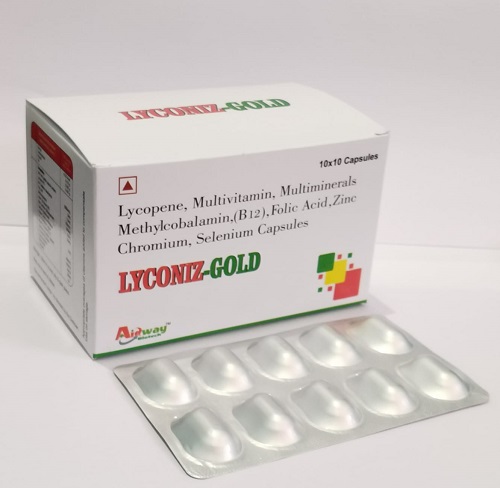 Product Name: Lyconiz Gold, Compositions of Lyconiz Gold are Lycopene,Multivitamin,Multimineral,Methylcobalamin,(B12),Folic Acid,Zinc Chromium,Selenium Capsules - Aidway Biotech