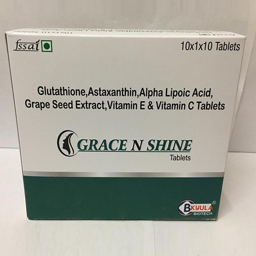 Product Name: Grace N Shine, Compositions of Grace N Shine are Glutathione, Astaxanthin, Alpha Lipoic Acid, Grape Seed Extract, Vitamin E And Vitamin C Tablets - Bkyula Biotech