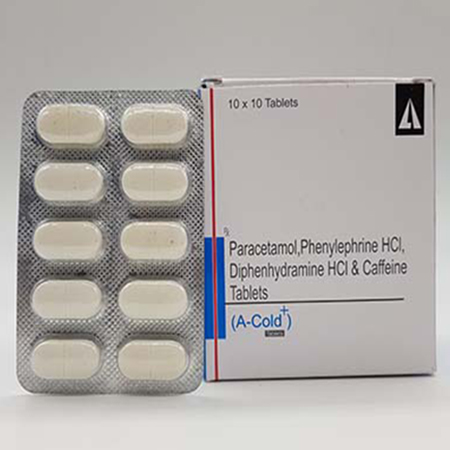 Product Name: A Cold+, Compositions of A Cold+ are Paracetamol, Phenylephrine HCL , Diphenhydramine HCL and Caffeine Tablets   - Acinom Healthcare