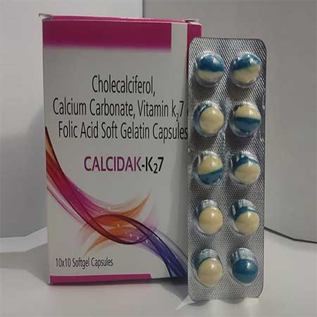 Product Name: Caldidak K27, Compositions of Caldidak K27 are Cholecalciferol Calcium Carbonate,Vitamin K27 Folic Acid Soft Gelatin Capsules - Dakgaur Healthcare