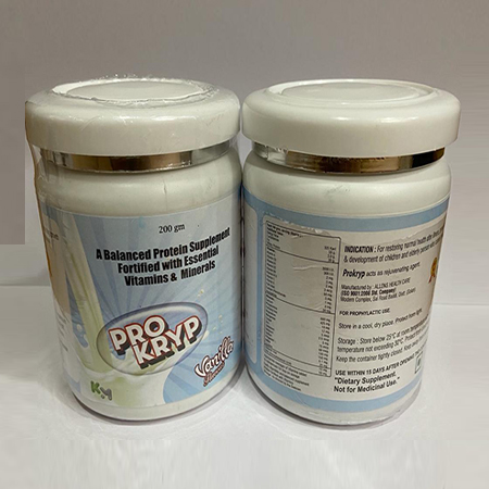 Product Name: Pro kryp vanilla, Compositions of Pro kryp vanilla are Balanced Protein Supplement Fortified with Essential Vitamins & Minerals - Kryptomed Formulations Pvt Ltd
