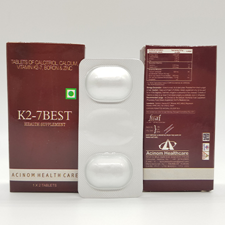 Product Name: K2 7 BEST, Compositions of K2 7 BEST are Tablets of Calcitriol Calcium Vitamin K2 7, Boron and Zinc  - Acinom Healthcare
