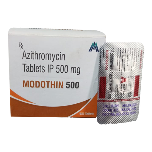Product Name: MODOTHIN 500, Compositions of MODOTHIN 500 are Azithromycin Tablets IP 500 mg - Medlo Biotech