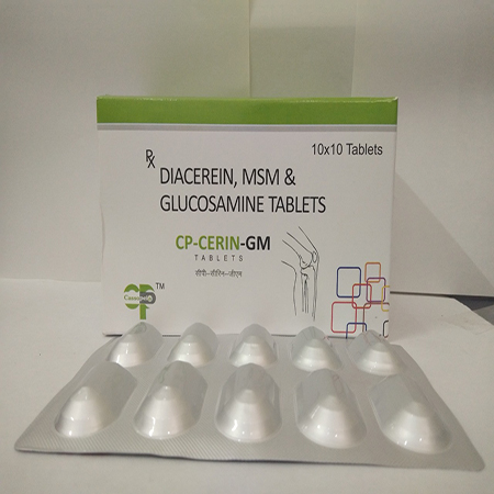 Product Name: CP Cerin GM, Compositions of CP Cerin GM are Diacerin50mg +Glucosamine Sulphate750mg & MSM 250 mg - Cassopeia Pharmaceutical Pvt Ltd