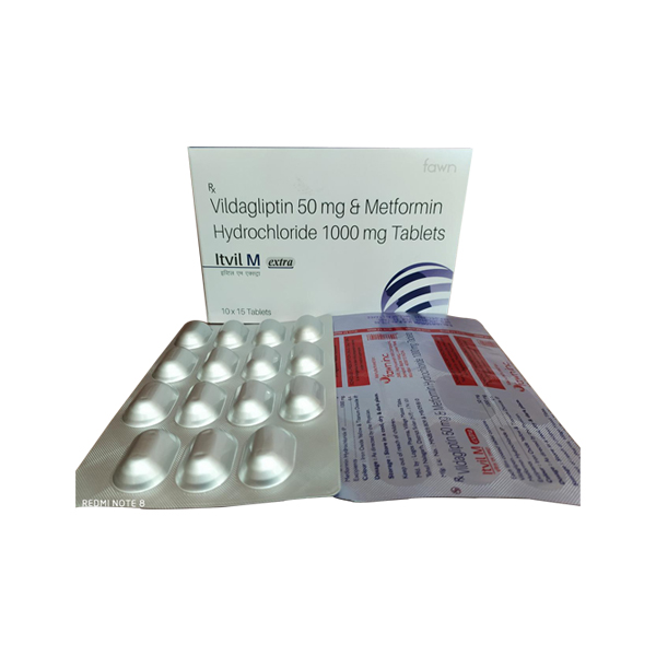 Product Name: ITVIL M EXTRA, Compositions of Metformin HCL & Vildagliptin (1000mg+50mg) are Metformin HCL & Vildagliptin (1000mg+50mg) - Fawn Incorporation