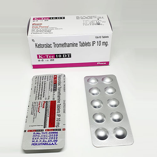 Product Name: K tee 10 DT, Compositions of K tee 10 DT are Ketorolac Tromethamine Tablets IP - Pride Pharma