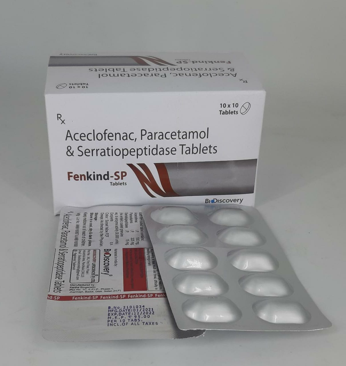 Product Name: Fenkind SP, Compositions of Aceclofenac, Paracetamol & Serratiopeptidase Tablets are Aceclofenac, Paracetamol & Serratiopeptidase Tablets - Biodiscovery Lifesciences Pvt Ltd