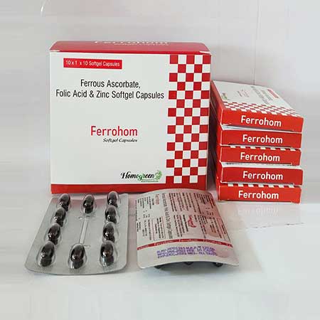 Product Name: Ferrohom Softgel, Compositions of Ferrohom Softgel are Ferrous Ascorbate,Folic Acid & Zinc Softgel Capsules - Abigail Healthcare