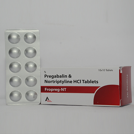 Product Name: FROPREG NT, Compositions of FROPREG NT are Pregabalin & Nortriptyline HCL Tablets - Alencure Biotech Pvt Ltd