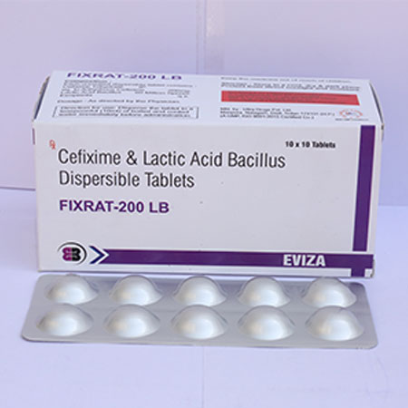 Product Name: Fixrat 200 LB, Compositions of Fixrat 200 LB are Cefixime, Azithromycin & Lactic Acid Bacillus Dispersable Tablets - Eviza Biotech Pvt. Ltd