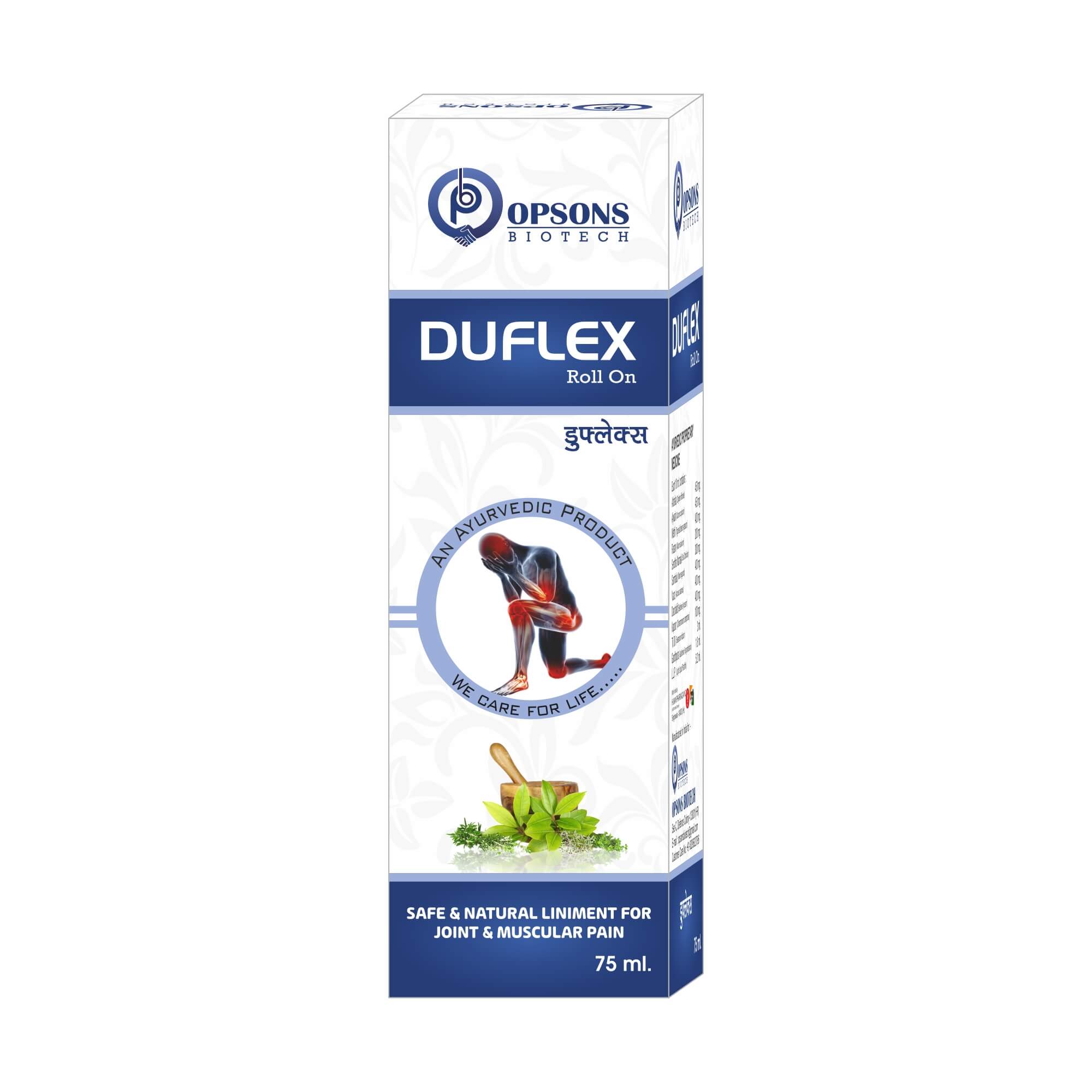 Product Name: Duflex Roll, Compositions of Duflex Roll are Safe & Natural Liniment For Joint & Muscular Pain - Opsons Biotech