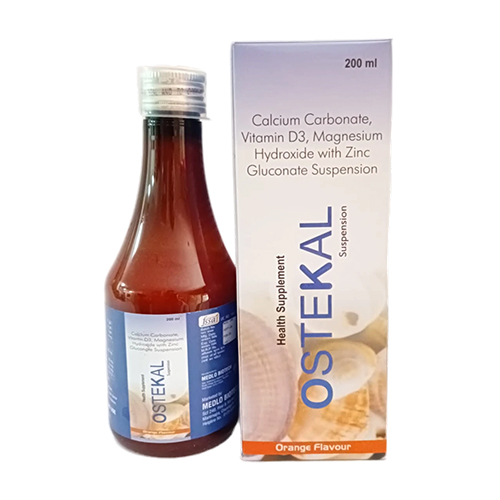 Product Name: OSTEKAL, Compositions of OSTEKAL are Calcium Carbonate, Vitamin D3, Magnesium Hydroxide with Zinc Gluconate Suspension - Medlo Biotech
