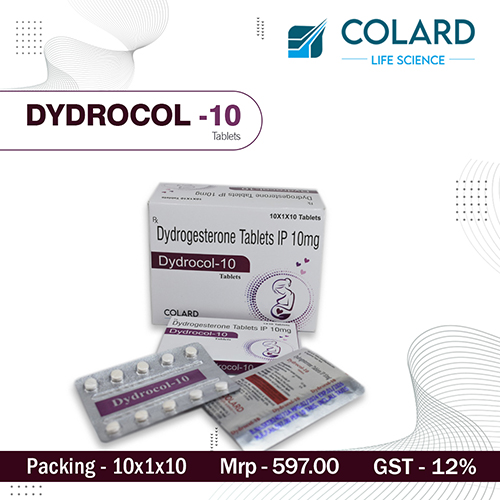 Product Name: DYDROCOL   10, Compositions of DYDROCOL   10 are Dydrogesterone Tablets IP 10mg - Colard Life Science