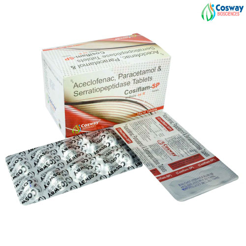 Product Name: COSIFLAM SP, Compositions of COSIFLAM SP are ACECLOFENAC 100 MG + SERRATIOPEPTIDASE 15 MG + PARACETAMOL 325MG                                                                               - Cosway Biosciences