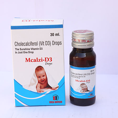 Product Name: Mcalzi D3, Compositions of Mcalzi D3 are Cholecalciferol (Vit D3) Drops - Eviza Biotech Pvt. Ltd