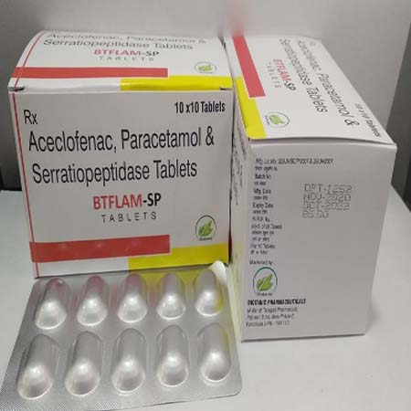 Product Name: Btflam SP, Compositions of Btflam SP are Aceclofenac,Paracetamol  & Serratiopeptidase Tablets - Biotanic Pharmaceuticals
