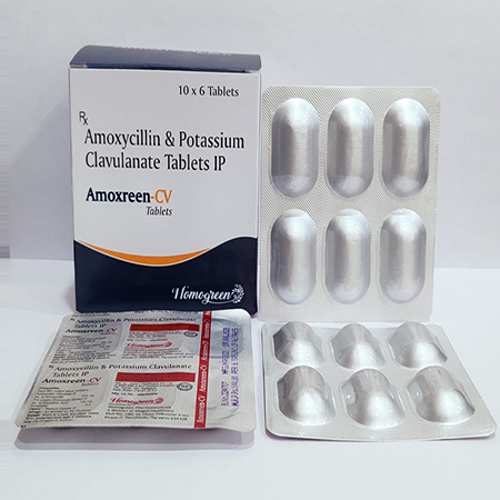Product Name: Amoxreen Cv, Compositions of Amoxreen Cv are Amoxicillin & Clavulanate Potassium Tablets Ip - Abigail Healthcare