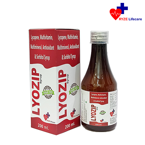 Product Name: LYOZIP SYRUP, Compositions of LYOZIP SYRUP are Lycopene , Multivitamin , Multimineral,  Antioxidant & Sorbitol Syrup   - Ryze Lifecare