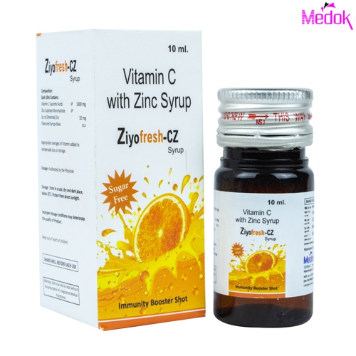 Product Name: Ziyofresh CZ, Compositions of Ziyofresh CZ are Vitamin C with Zinc syrup - Medok Life Sciences Pvt. Ltd