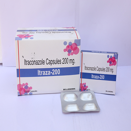 Product Name: Itraza 200, Compositions of Itraza 200 are Itraconazole Capsules 200mg - Eviza Biotech Pvt. Ltd