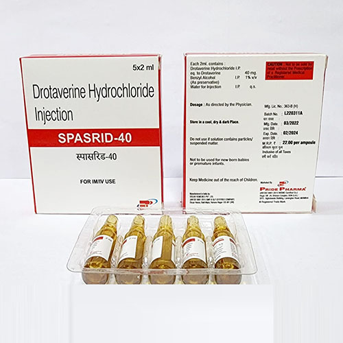 Product Name: Spasrid 40, Compositions of Spasrid 40 are Drotaverine Hydrochloride Injection - Pride Pharma